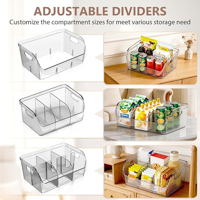 Set of 3 Pantry Organizers and Storage Bins with Removable Dividers - Clear Plastic Storage Box for Cabinet, Kitchen, Fridge, Bathroom, Home Organization Food Containers, Large Medium Small