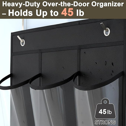 Over the Door Shoe Organizer - Space Saving Shoe Rack for Closet Door with 24 Crystal Clear Pockets and Metal Hooks, Shoe Holder Back of Door Organizers for Shoes, Hanging Shoe Organizer (Black)