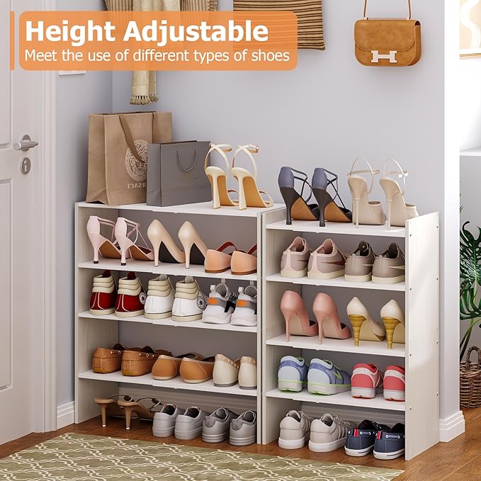 X-cosrack 2-Tier Shoe Rack Organizer for Closet, Expandable and Adjustable White Shoe Rack, Stackable Iron Wood Combination Shoe Storage Shelves for Closets, Entryway, Small Space, Hallway, Garage