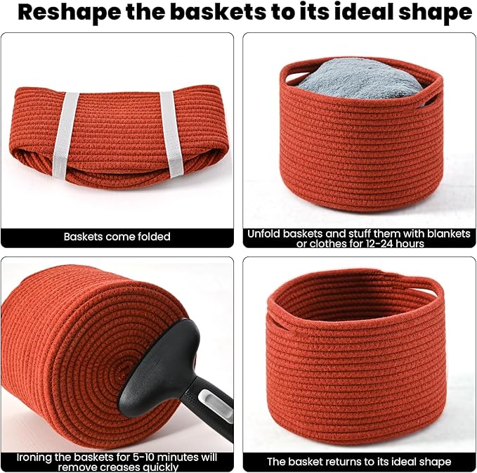 ICERZCZ Small Storage Baskets for Organizing, Organizer Bins for Shelves, Small Woven Baskets for Storage, Red Baskets for Gifts, Organization Bins, Baskets for Decor, 9.7"×9.7"×7" (3 Packs) Brick Red