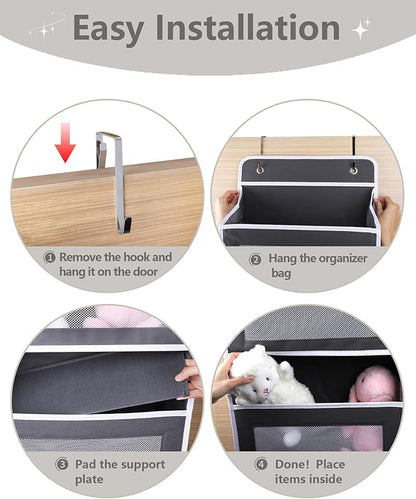 Over The Door Organizer 44LB Capacity with 5 Large Pockets & 10 Mesh Side Pockets, Clear Window Anti-Tilt Hanging Storage for Nursery, Bathroom, Pantry - Dark Grey, 1 Pack
