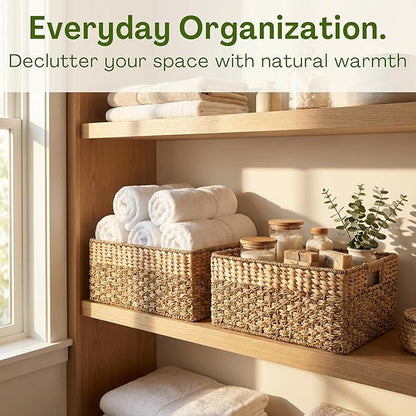 Medium Wicker Storage Baskets with Handles, Natural Seagrass and Hyacinth Woven Storage Basket for Organizing Shelves, Bedroom, Pantry, Rectangular, 15.5 x 9.5 x 6.5 Inches