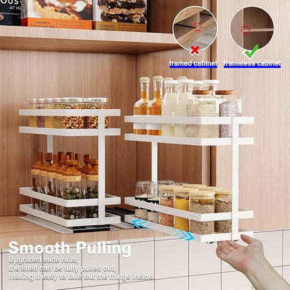 Mustorn 2 Pack Pull Out Spice Rack Organizer for Cabinet, 2 Tier Metal Slide Out Seasoning Organizer and Storage Heavy Duty Vertical Spice Rack Shelf Pullout for Kitchen Cabinets No Drilling (White)