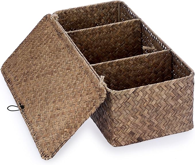 Hipiwe Storage Basket with Lid Toilet Tank Basket Holder Handwoven Wicker Basket Home Organizer Bin for Shelves Bathroom Closets Kitchen, Coffee