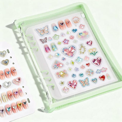 18PCS Press On Nail Organizer Clear Empty Press on Nail Packaging Set with 8 Insert Pages,8 nail double tape and 1 Zipper Pocket for Fake Nail Storage Nail Art Salon (green)