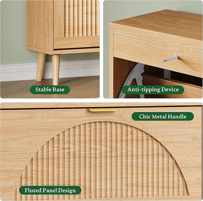Xixini Shoe Storage Cabinet with 3 Flip Drawers, 50" Tall Narrow Wood Fluted Shoe Organizer for Entryway, Freestanding Wooden Hidden Slim Shoe Rack for Front Door Entrance, Hallway, Foyer, Natural Oak