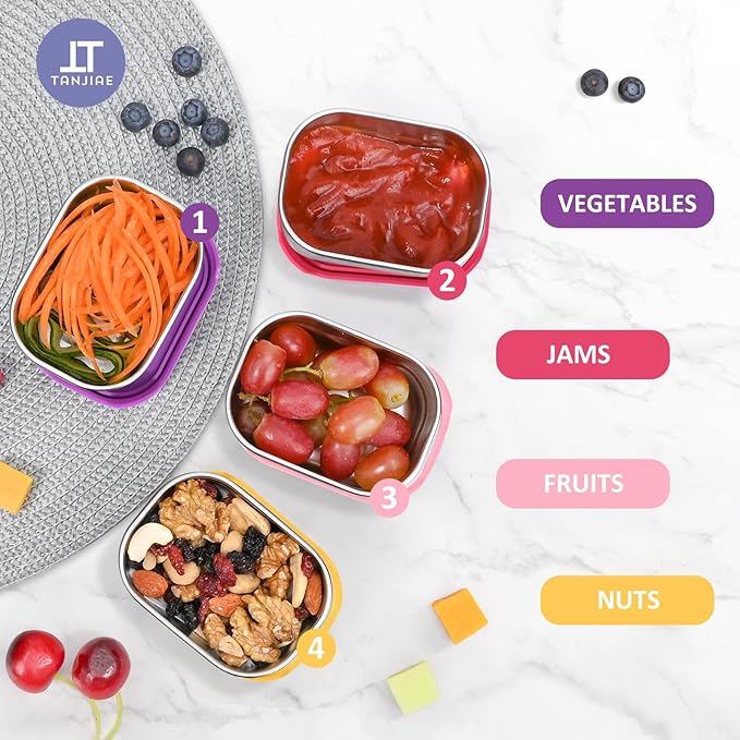 Tanjiae 4Pack Small (1 CUP) 8oz Stainless Steel Snack Containers for Kids | Reusable Easy Open Toddler Snack Containers with Silicone Lids | Stackable Toddler Lunch Box for Daycare, School and Travel