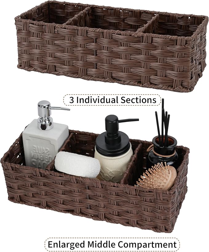 GRANNY SAYS Bathroom Baskets for Organizing, Wicker Baskets for Shelves, Toilet Storage Basket with Dividers, Small Basket for Organizing, Brown, 2-Pack