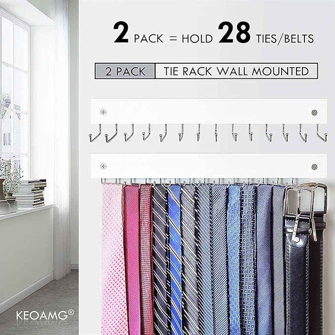 2Pack Tie Rack Wall Mounted, Wooden Tie Hanger Tie Organizer for Men with 28 Folding Hooks, Space Saving Tie Holder and Belt Rack for Closet, White