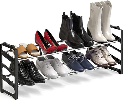 Simple Houseware 2-Tier Expandable (18''-34'') and Stackable Shoe Racks with Shelves for 8 Pairs of Shoes, Black