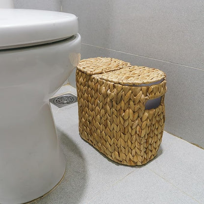 KOKODO Water Hyacinth Toilet Paper Storage Basket with Buit-in Handles, Free Standing with lid Storage Basket for Toilet Paper or Magazines, Toiletries, Cleaning Supplies Holder