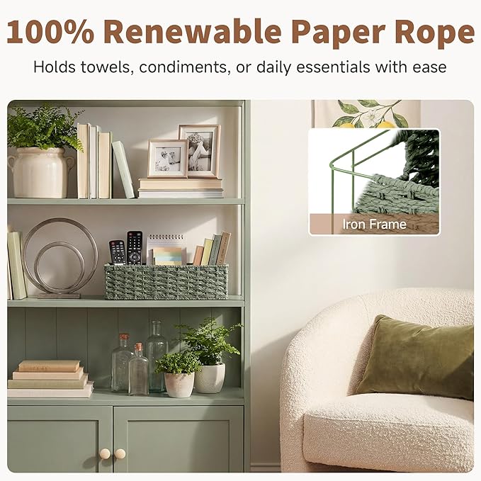 StorageWorks Small Wicker Toilet Basket Tank Topper with Built-in Handles, Toilet Paper Baskets for Back of Tank, Paper Rope Bathroom Basket Organizer and Storage for Sage Green Bathroom Decor, Green