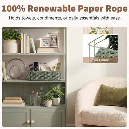 StorageWorks Small Wicker Toilet Basket Tank Topper with Built-in Handles, Toilet Paper Baskets for Back of Tank, Paper Rope Bathroom Basket Organizer and Storage for Sage Green Bathroom Decor, Green
