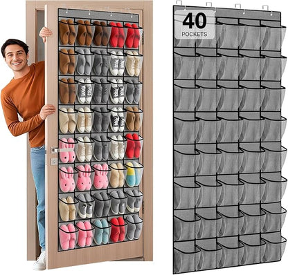 40-Pocket Over the Door Shoe Organizer - Large Mesh Pocket Hanging Shoe Organizer,Behind the Door Shoes Storage Holder Hanger,Large Capacity Design for Dorm Room College,Store 20 Pairs(Grey)