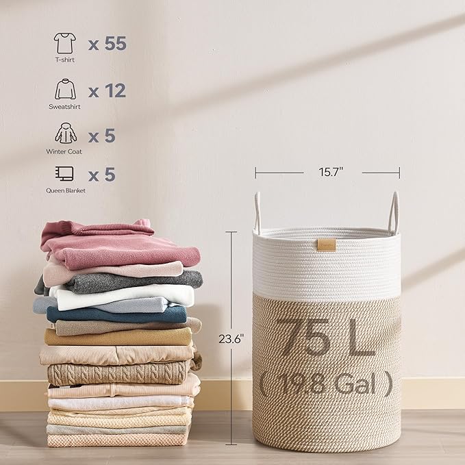 Nunsino Laundry Hamper 75L,Large Laundry Basket for Clothes,Decorative Storage Basket for Blankets,Cotton Rope Woven basket for bedroom,Brown White