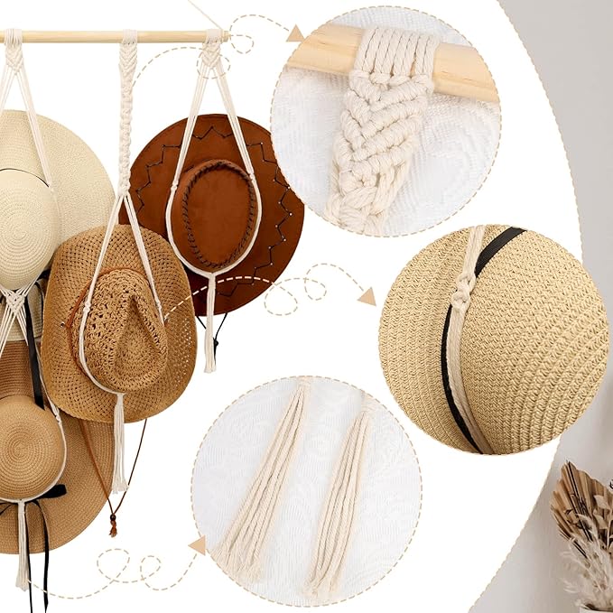 ZYP Macrame Hat Hanger Boho Hat Rack for Wall Hat Holder Display Organizer Bobo Hanging Hat Organizer Storage for Wide Brim Hats