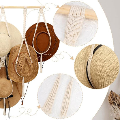 ZYP Macrame Hat Hanger Boho Hat Rack for Wall Hat Holder Display Organizer Bobo Hanging Hat Organizer Storage for Wide Brim Hats