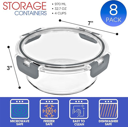Sorbus 16pc Glass Meal Prep Containers Set – 8 Round 32oz Containers with Airtight Lids – Freezer, Dishwasher, Oven Safe – Reusable Food Storage Bowls, 4 Cup Capacity for Meal Prep and Storage Grey