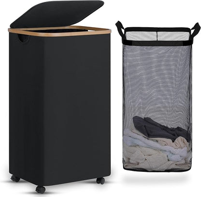 efluky Laundry Basket with Wheels, Tall Rolling Laundry Hamper with Lid and Removable Bag, Aesthetic Dirty Clothes Hamper on Wheels for Laundry Room, Bedroom, Dorm and Bathroom, 100L Black