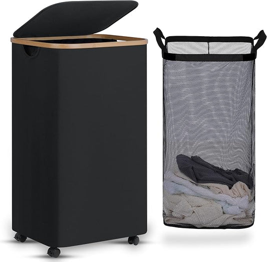 efluky Laundry Basket with Wheels, Tall Rolling Laundry Hamper with Lid and Removable Bag, Aesthetic Dirty Clothes Hamper on Wheels for Laundry Room, Bedroom, Dorm and Bathroom, 100L Black
