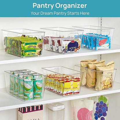 Vtopmart 6 Pack Clear Storage Bins, Pantry Cabinet Organizer Bins with Handle for Pantry Organizer and Storage, Plastic Bins for Fridge, Cabinet, Kitchen, Countertops, Cupboard, Freezer, Medium
