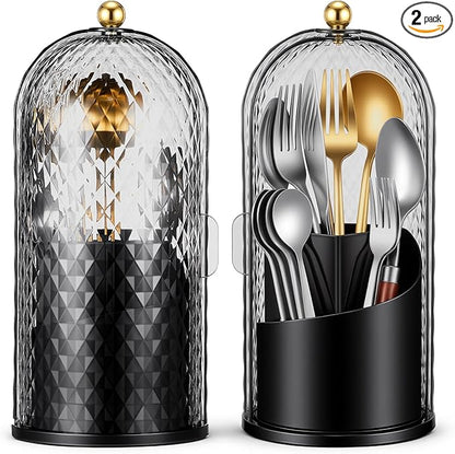 2 Pack 360° Rotating Silverware Organizer, Utensil Holder with Lid for Kitchen Counter Silverware Caddy with Drainage Dustproof Flatware Holder for Cutlery Spoon Fork (Diamond Black,3 Slot)