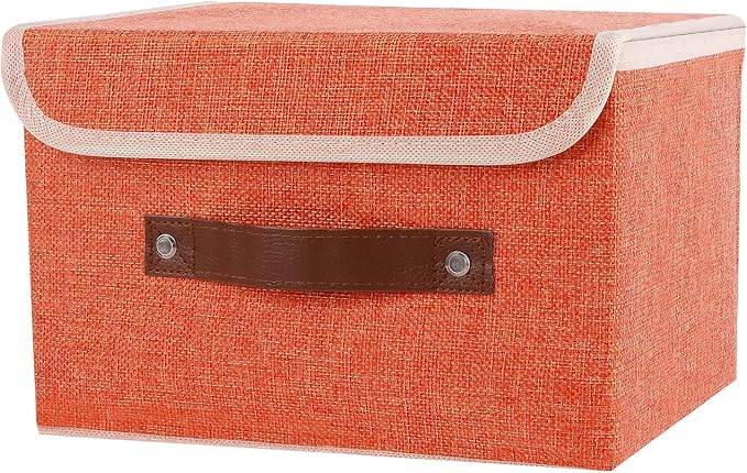 Small Storage Bin with Lid Storage Boxes,Collapsible Linen Storage Basket Container with Lid Storage Cube for Organizing Closets(Orange)