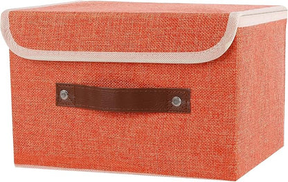 Small Storage Bin with Lid Storage Boxes,Collapsible Linen Storage Basket Container with Lid Storage Cube for Organizing Closets(Orange)