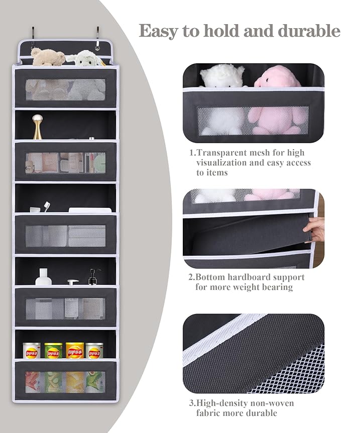 Over The Door Organizer 44LB Capacity with 5 Large Pockets & 10 Mesh Side Pockets, Clear Window Anti-Tilt Hanging Storage for Nursery, Bathroom, Pantry - Dark Grey, 1 Pack