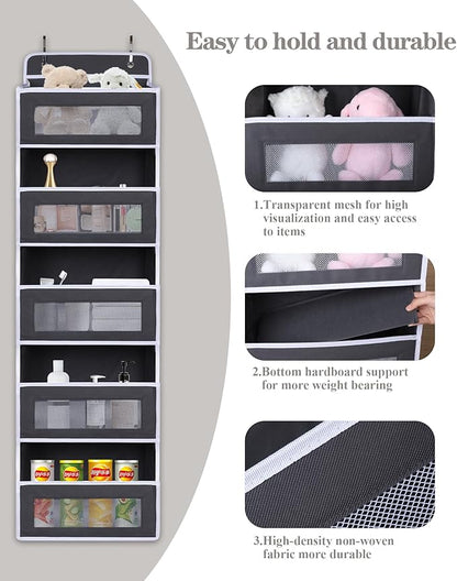 Over The Door Organizer 44LB Capacity with 5 Large Pockets & 10 Mesh Side Pockets, Clear Window Anti-Tilt Hanging Storage for Nursery, Bathroom, Pantry - Dark Grey, 1 Pack