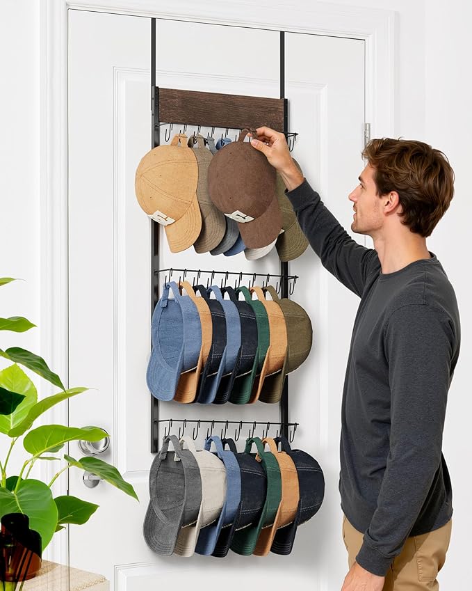FANGSUN 3-Tier Over the Door Hat Rack with 30 Movable Hooks – Wall Mounted Hat Organizer for Baseball Cap Storage, Cap Holder Gifts for Men Dad, Christmas Presents