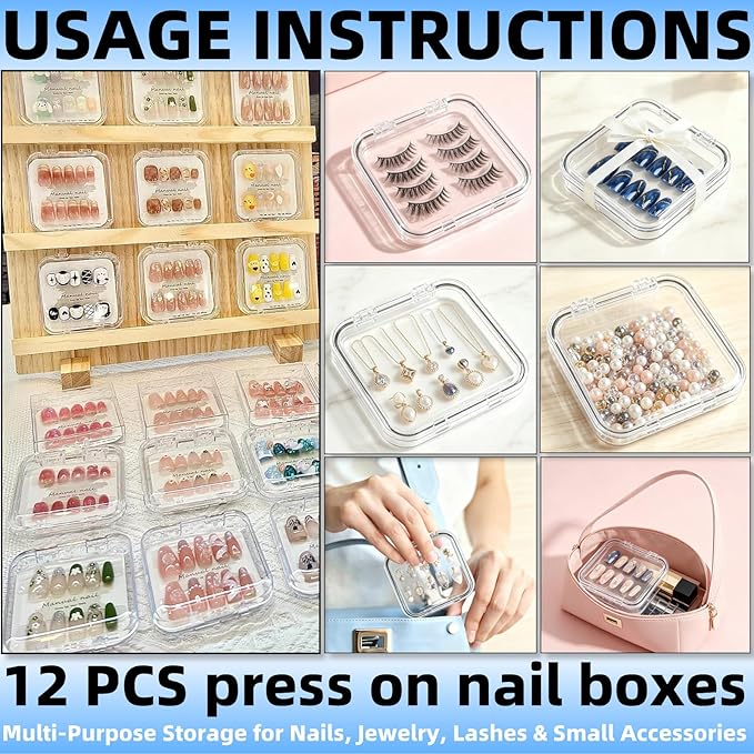 12 Pcs Clear Acrylic Press on Nail Storage Box with 30 Pcs Adhesive Double Sided Tape, Transparent Fake Nail Organizer Display Case for Nail Salon, Home, Travel & Nail Art Packaging