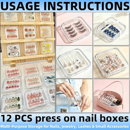 12 Pcs Clear Acrylic Press on Nail Storage Box with 30 Pcs Adhesive Double Sided Tape, Transparent Fake Nail Organizer Display Case for Nail Salon, Home, Travel & Nail Art Packaging