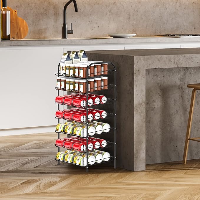 DOMYDEVM Can Rack Organizer, 7-Tier Can Storage Organizer, Black Beverage Soda Holder Holds up to 84 Can, Can Drink Storage Organizer for Pantry Kitchen