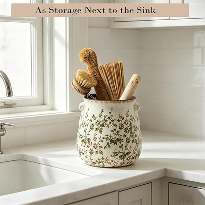 Utensil Holder for Kitchen Counter, Modern Farmhouse Rustic Cooking Utensil Holder and Crock, Exquisite Chinoiserie Floral Ceramic Utensil Organizer for Home Kitchen Decor- Green and Beige