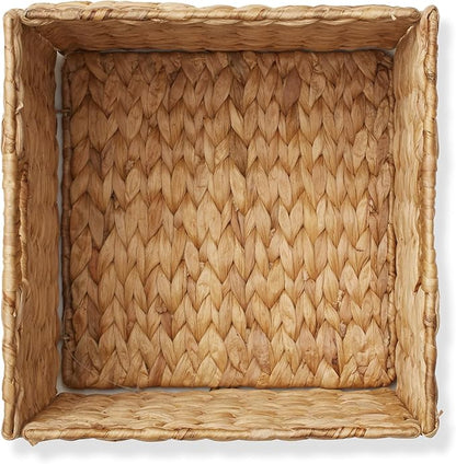 Casafield 10.5" x 10.5" Water Hyacinth Storage Baskets, Natural - Set of 4 Collapsible Cube Organizers, Woven Bins for Bathroom, Bedroom, Laundry, Pantry, Shelves