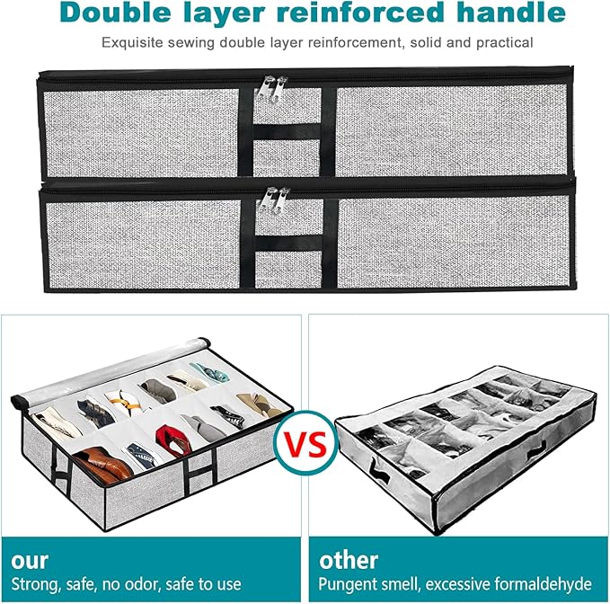 Under Bed Shoe Storage Organizer for Closet 2 Pack- Fits 24 Pairs Underbed Shoes Container Boxes, Light Grey