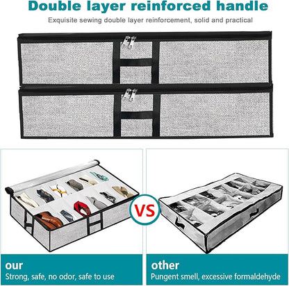 Under Bed Shoe Storage Organizer for Closet 2 Pack- Fits 24 Pairs Underbed Shoes Container Boxes, Light Grey