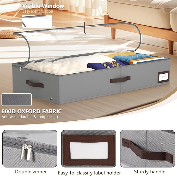 OIAHOMY 2 Pack Under Bed Storage with 4 Compression Bags, Underbed Organizers for Bedroom & Closet, Fits Beds Higher than 5.9", Space-Saving for Seasonal Clothes, Blankets & Shoes - Grey