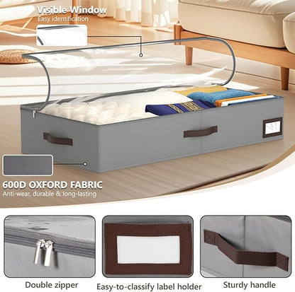 OIAHOMY 2 Pack Under Bed Storage with 4 Compression Bags, Underbed Organizers for Bedroom & Closet, Fits Beds Higher than 5.9", Space-Saving for Seasonal Clothes, Blankets & Shoes - Grey
