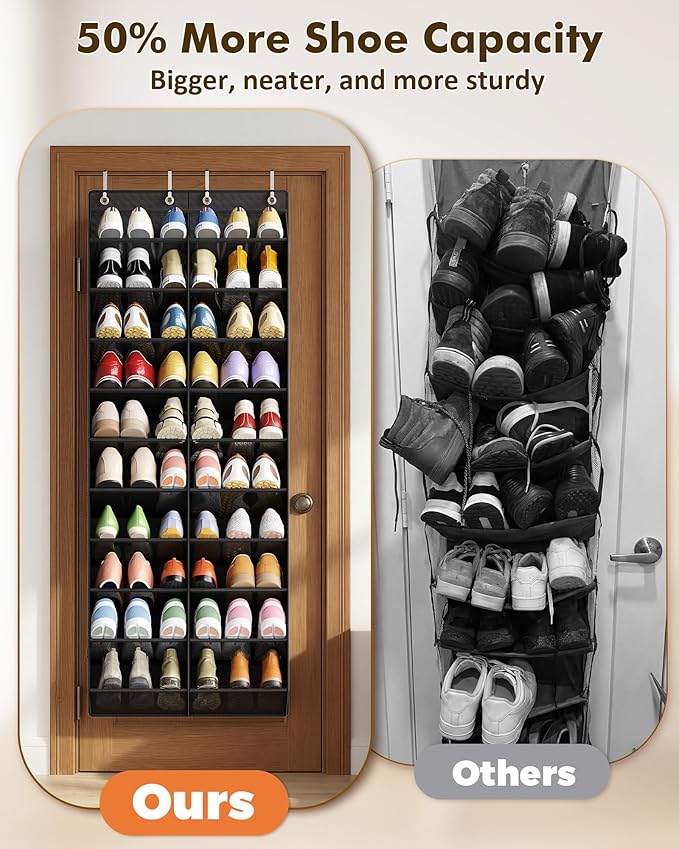 20-30 Pairs Over the Door Shoe Organizer, 10 Tiers Shoe Rack for Door, Hanging Shoe Organizer Storage for Closet, Bedroom, Bathroom with Wider & Deeper Pockets, Black