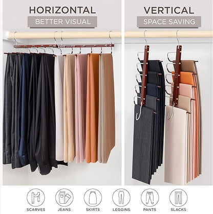 MORALVE Pants Hangers Space Saving - 4 Pack European Beechwood Scarf and Jean Hangers - Closet Organizer and Space Saver Pant Rack, Leggings Hanger, and Scarf Holder with 360° Swivel Hook