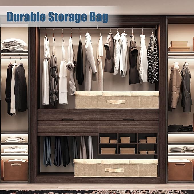 Supowin Underbed Storage Containers Bin with Lids (Set of 2) Large Under Bed Storage Organizer Box with Handle, Foldable Under the Storage Bags for Organizing Clothes, Shoes, Blankets, Pillows-Khaki