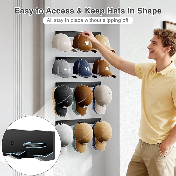 MISSLO Hat Rack for Wall with 2-way Display Hat Hooks for Wall Hanger 4 Pack Holds 24 Baseball Cap Holder Organizer for Closet, Wall Mounted, Bedroom Storage