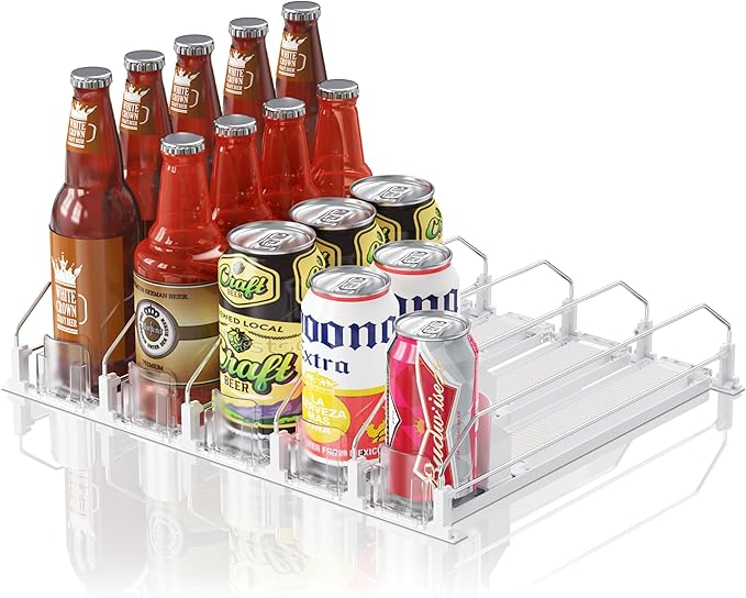 Drink Organizer for Fridge,12oz 16oz 20oz - Soda Can Dispenser for Refrigerator,Width Adjustable,Automatic Pusher Glide,15"" D,White,5 ROW,Holds 25 Bottles, JM-S1