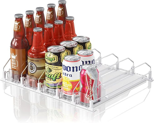 Drink Organizer for Fridge,12oz 16oz 20oz - Soda Can Dispenser for Refrigerator,Width Adjustable,Automatic Pusher Glide,15"" D,White,5 ROW,Holds 25 Bottles, JM-S1