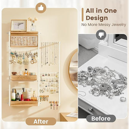 Pinzoveco Hanging Jewelry Organizer Wall Mounted, Large Hanging Jewelry Organizer Holder for Necklaces,Bracelest,Earrings,Rings,Watched,Makeup & Perfume (White)