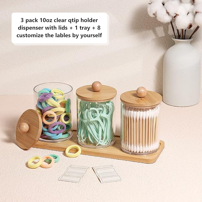 Qtip Holder Dispenser, Apothecary Jars with Lids, Acrylic Cotton Ball Holder - Q Tip Holder Apothecary Jars Clear Container Dispenser for Cotton Swab, Cotton Round Pads, Floss (3Pack Jar with Tray)