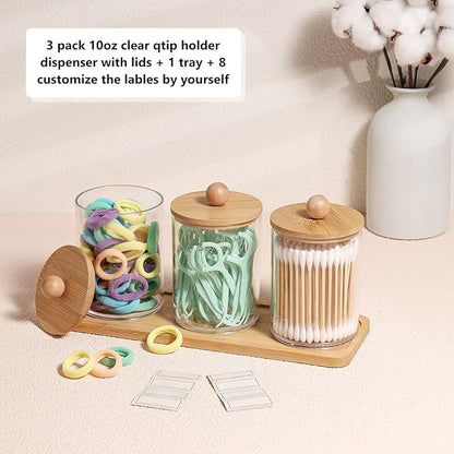 Qtip Holder Dispenser, Apothecary Jars with Lids, Acrylic Cotton Ball Holder - Q Tip Holder Apothecary Jars Clear Container Dispenser for Cotton Swab, Cotton Round Pads, Floss (3Pack Jar with Tray)