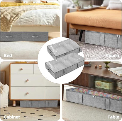 2-Pack Under Bed Toy Storage Boxes, Grey Toy Organizer with Clear PVC Lid, Foldable Under Couch Storage Bins (31.8×16×5.9in), Toys Storage Containers for Plush Dolls, Books, Clothes, Shoes & Blankets